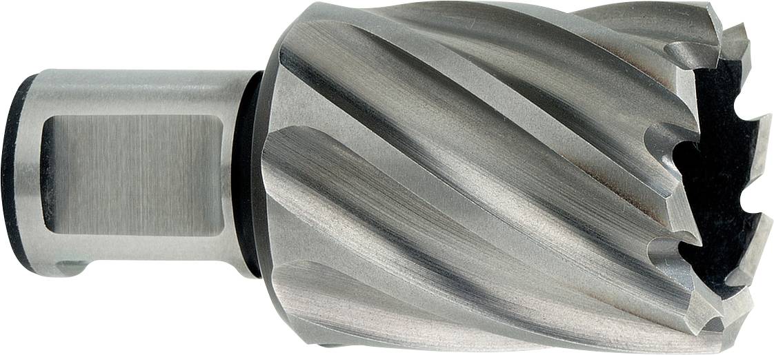 Close-up van een metalen snijgereedschapbit met een cilindrische schacht en spiraalvormige groeven, gebruikt voor frezen of boren.