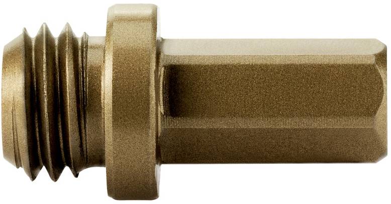 Close-up van een messing zeskantbout of verbinding met schroefdraad op een witte achtergrond.