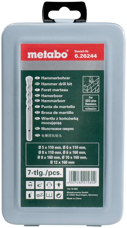Metabo boorset koffer gelabeld '7-tlg./pcs.' met vijf boorhamer boortjes en maatlijst op de voorkant.