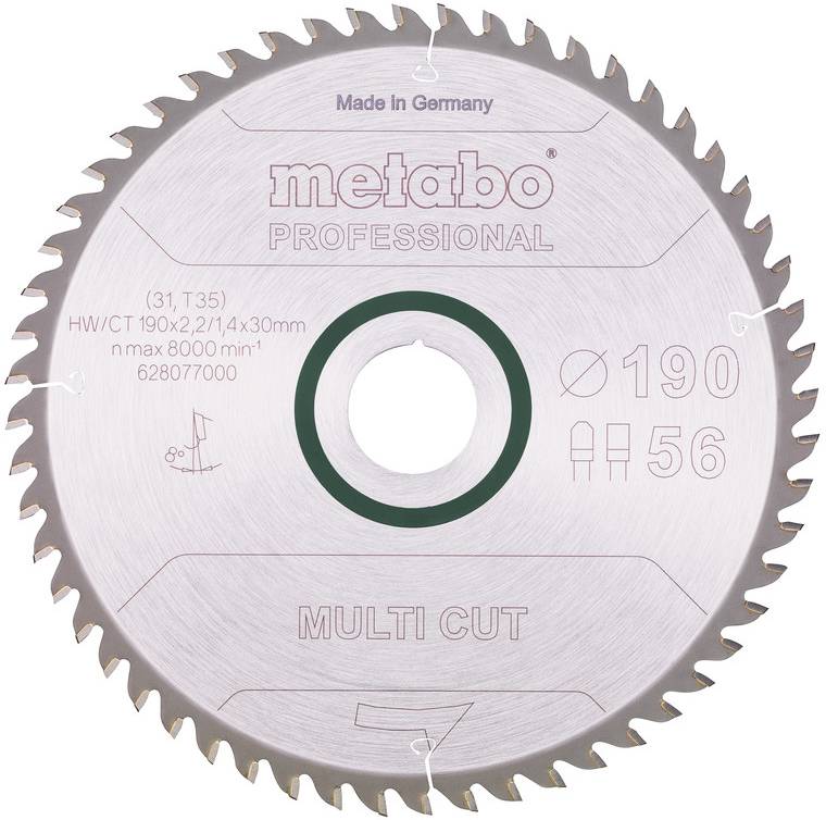 Cirkelzaagblad Metabo Professional Multi Cut gelabeld met 'Made in Germany', 'Ø190', en '56' tanden, weergegeven in vooraanzicht.