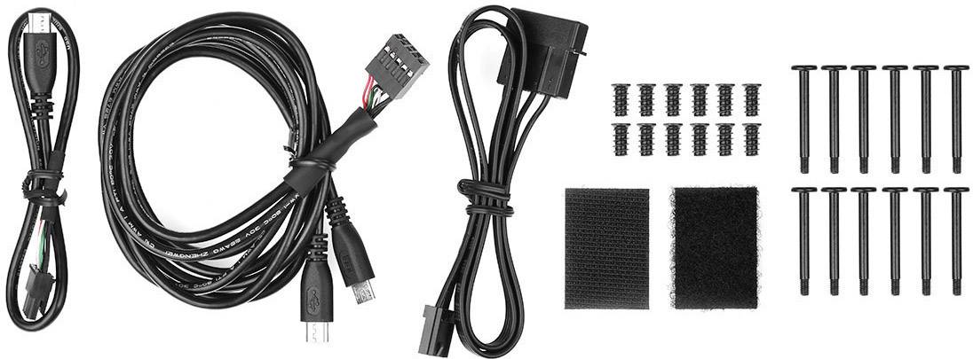Een kabelset met USB-kabels, stekkerverbindingen, klittenbandsluiting en schroeven voor pc-verbindingen en -bevestigingen.