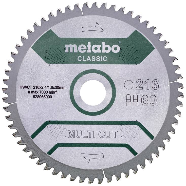 Cirkelzaagblad van het merk 'metabo' met 216 mm diameter, geschikt voor Multi Cut, max. 7000 toeren per minuut.