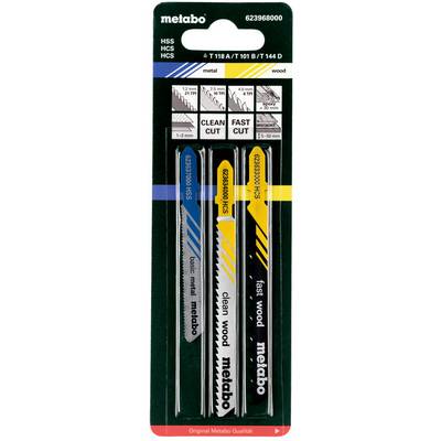 Pakket van drie Metabo zaagbladen voor metaal, schoon hout en snelle houtsneden, met aangegeven afmeting- en tandspecificaties.
