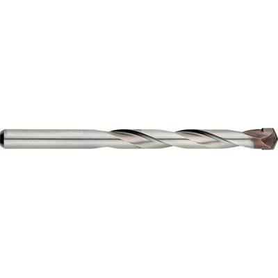 Gedetailleerde weergave van een metalen spiraalboortje met een puntige punt, horizontaal getoond op een witte achtergrond.