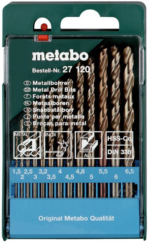 Metabo metaalboorbitset in een groene kunststof koffer, gelabeld 'Bestell-Nr. 27 120' en 'Originele Metabo Kwaliteit'.