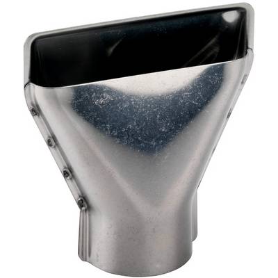 Metalen goot afvoerpijp trechteradapter met een zwarte bovenaansluiting en zilveren behuizing, weergegeven op een witte achtergrond.