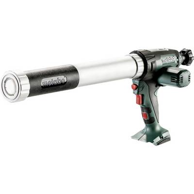 Draadloze kitpistool met een lang metalen patroonloop en groen Metabo-handvat op een witte achtergrond.