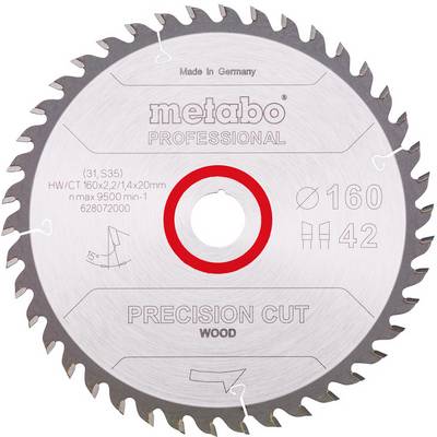 Metabo Professional precisie snijdend hout-cirkelzaagblad, gemarkeerd 160 mm, 42 tanden, voor houtbewerking.
