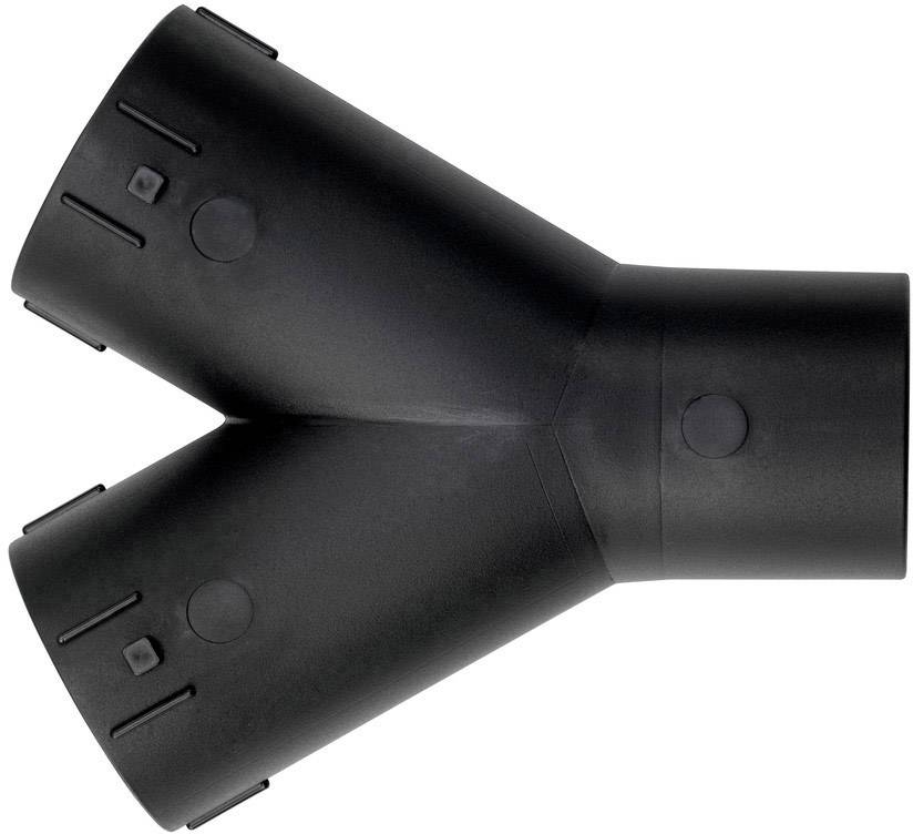 Zwarte Y-vormige kunststof buisverbinding, voorzien van zijdelingse markeringen en aansluitingen voor verschillende buisleidingen.