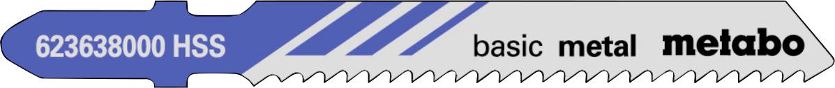 Blauwe en zilveren metalen zaagblad met modelnummer 623638000 HSS en het Metabo-logo erop gedrukt.