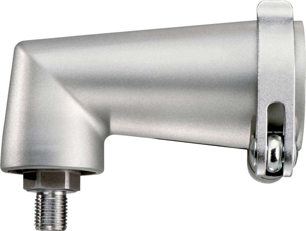 Metalen 90-graden pijpbocht met klemring en schroefdraadverbinding op witte achtergrond.