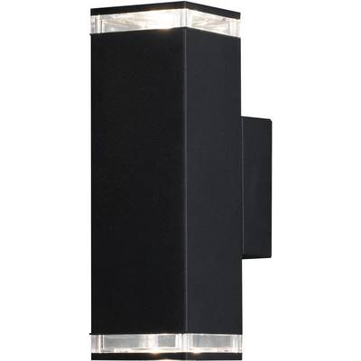 Zwarte buitenlamp met cilindrisch design en transparante uiteinden. Hij verlicht zowel naar boven als naar beneden.