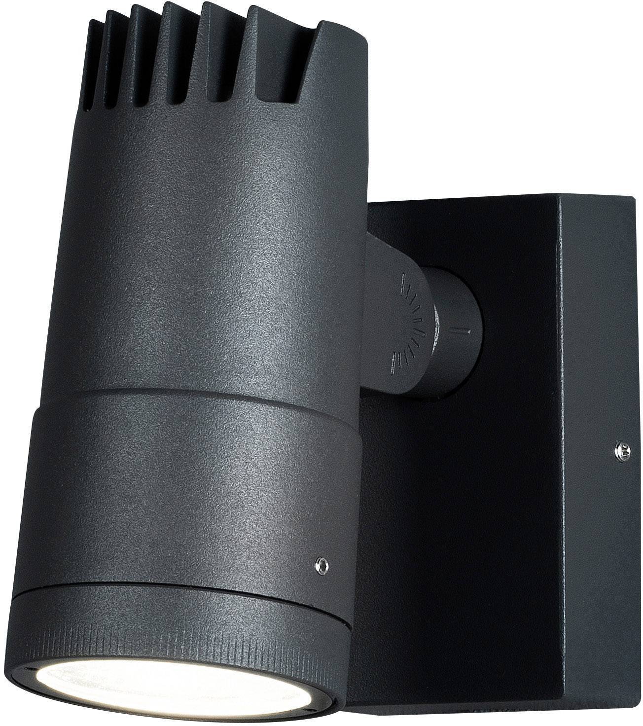 Zwarte buitenlamp met cilindrische behuizing, gemonteerd op een wandsteun. Geschikt voor gerichte verlichting in de buitenruimte.