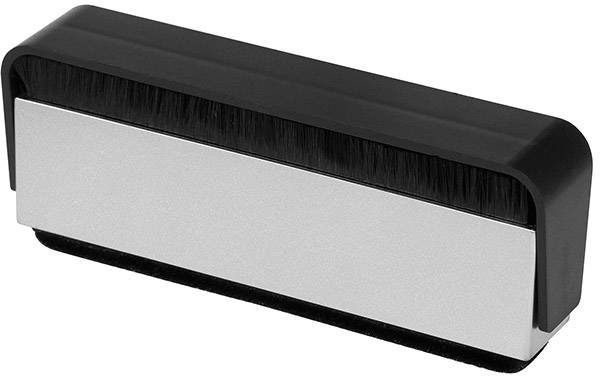 Platenreinigingsborstel met zwarte handgreep en borstelharen, gebruikt voor het reinigen van vinylplaten.