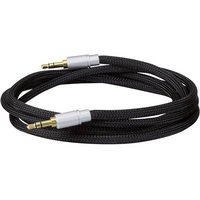 Een zwart audiokabel met gouden 3,5-mm-stekkers aan beide uiteinden, voor het verbinden van apparaten.