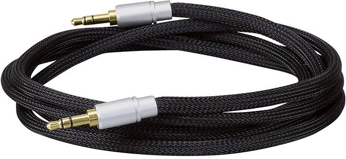 Een zwart audiokabel met gouden 3,5-mm jackstekkers aan beide uiteinden, opgerold.