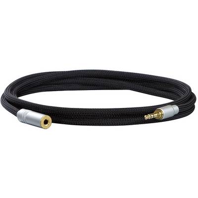Een zwarte audiokabel met zilveren aansluitingen. Aan de ene kant een 3,5-mm-stekker, aan de andere kant een aansluiting.
