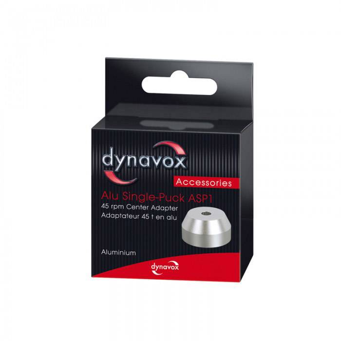 Verpakking van 'dynavox Alu Single-Puck ASP1', een aluminium adapter voor 45-toeren platen, zwart met rode accent.