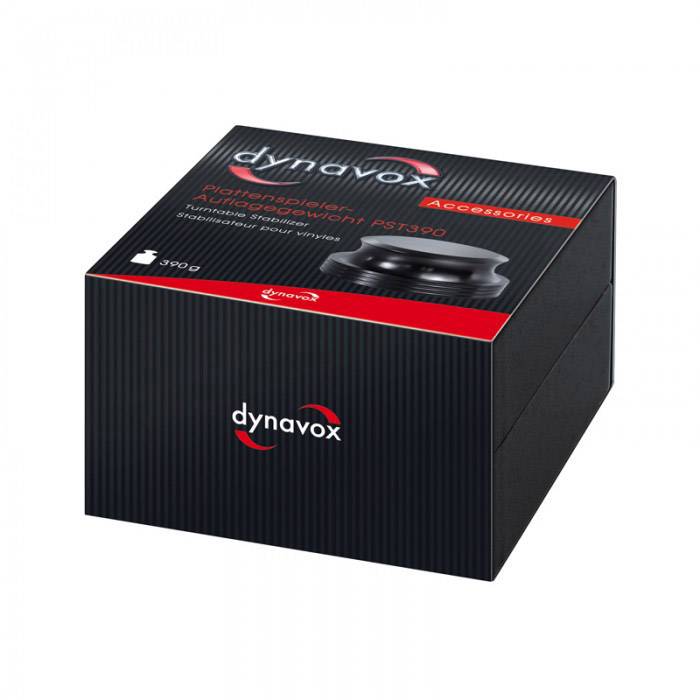 Zwarte doos met 'dynavox'-logo, bevat platenspeler-accessoires, 390g. Merknaam en categorie 'Accessories' zijn zichtbaar.