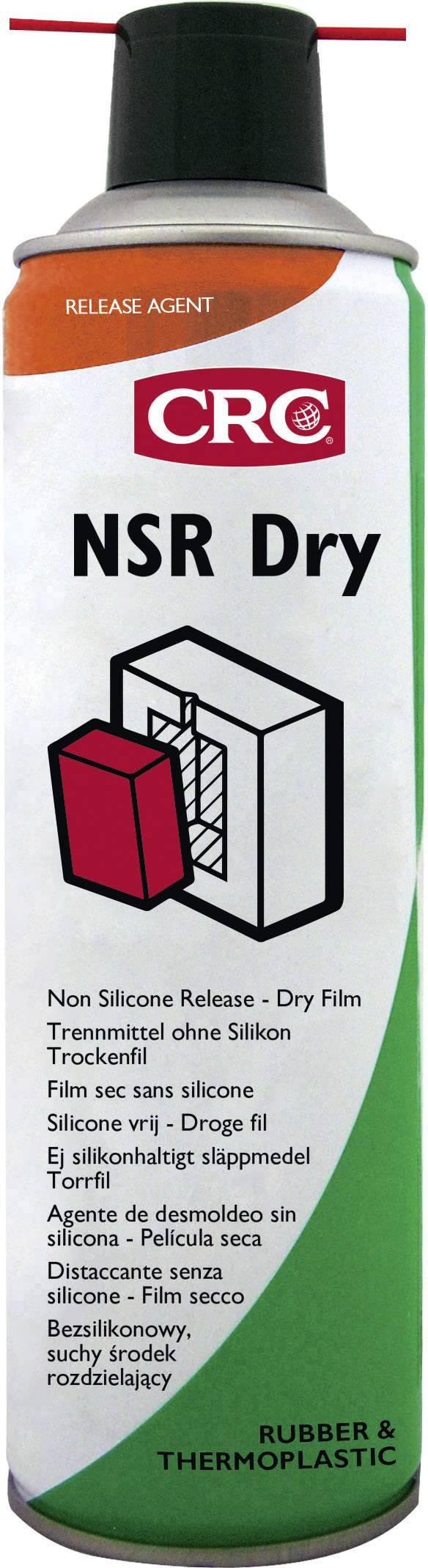 Spuitbus 'CRC NSR Dry' met antiaanhangmiddel. Opschrift: 'Non Silicone Release - Droge Film'. Voor rubber en thermoplastiek.