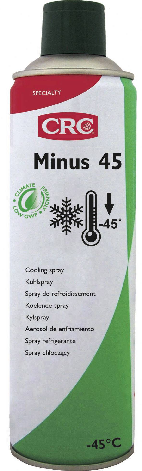 'Spuitbus Minus 45 van CRC, koelspray met -45°C. Bevat symbolische sneeuwvlok en thermometer. Meertalige etiketten.'