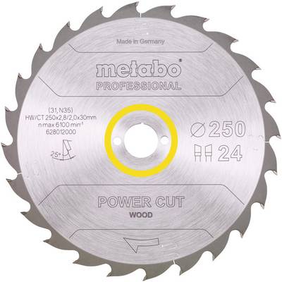 Close-up van een Metabo Professional Power Cut zaagblad voor hout, gemarkeerd met '250' en '24', met een geel gemarkeerd middengat op een witte achtergrond.