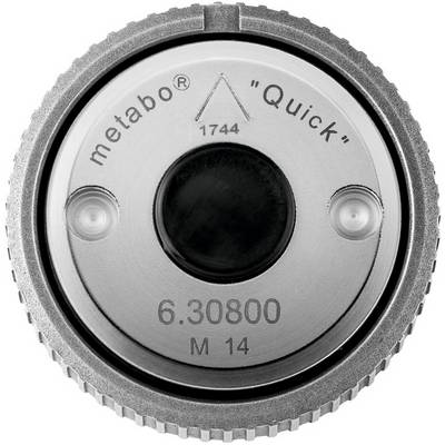 Close-up van een circulair Metabo 'Quick' gereedschapstoebehoringstuk met centrale zwarte opening, gelabeld 6.30800 en M 14.