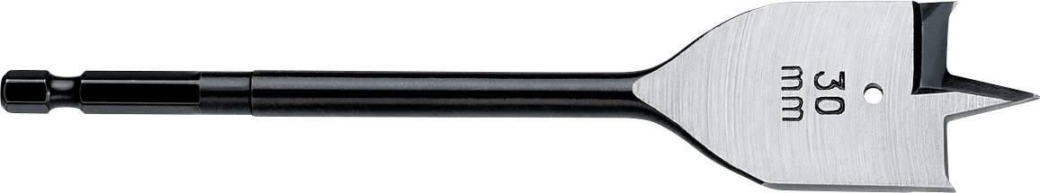 Een 30 mm spade-boor met zwarte schacht en zilveren platte spade voor het boren van grote gaten in hout.