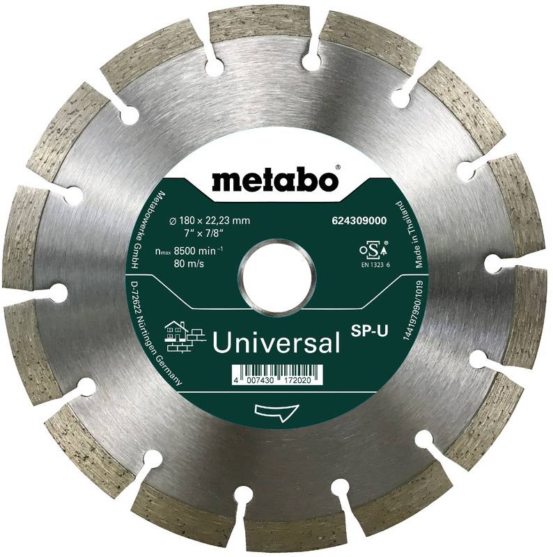 Metabo Universele SP-U gesegmenteerde diamantzaagblad met groen middenlabel, 180 mm diameter, weergegeven op witte achtergrond.