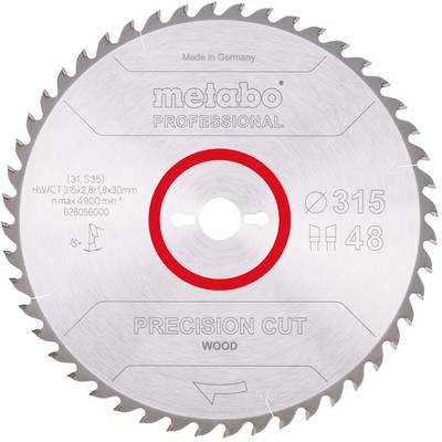 Cirkelzaagblad Metabo Professional Precision Cut hout met rode middelring, gelabeld 315 mm diameter en 48 tanden.