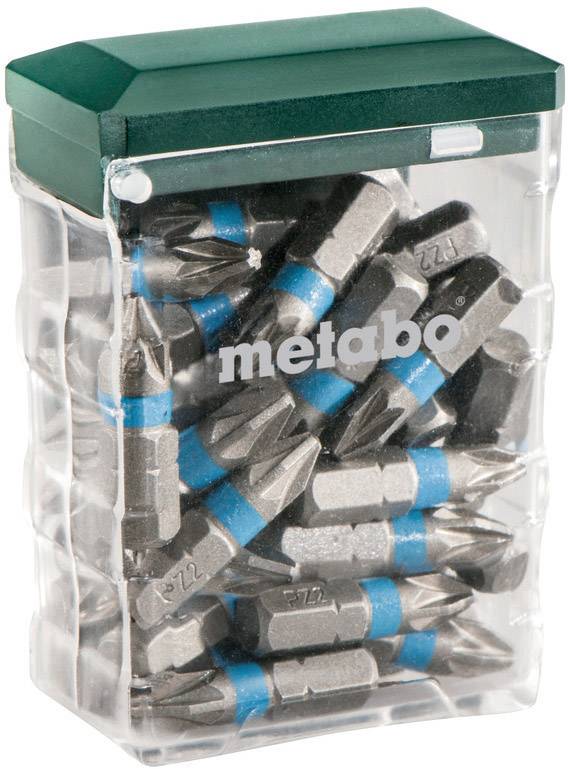 Een transparante doos bevat verschillende metalen schroeverbits, gemerkt met 'metabo'. De bits zijn gedeeltelijk gemarkeerd met blauwe ringen.