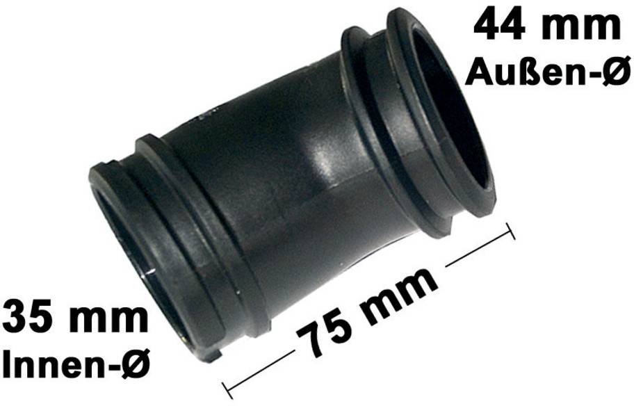 Zwarte rubber verloopkoppeling weergegeven met afmetingen: 35 mm binnendiameter, 44 mm buitendiameter en 75 mm lengte.