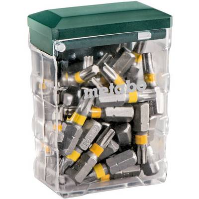 Een transparante opbergdoos met verschillende schroevendraaierbitjes van het merk 'metabo', waarvan sommige zijn voorzien van gele markeringen.