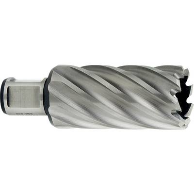 Een metalen snijgereedschap met een cilindrische schacht en spiraalsgewijze groefkop, horizontaal afgebeeld op een witte achtergrond.
