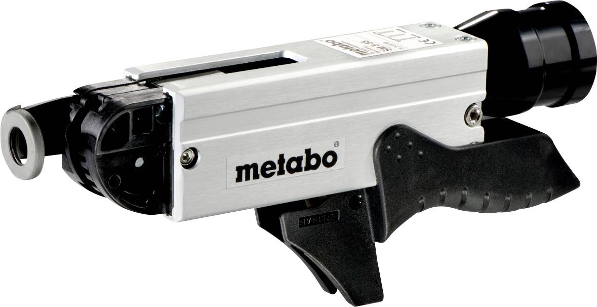 Metaalslipgereedschap met zilveren en zwarte behuizing, Metabo-logo, cilindrische kop en pistoolvormige grijphandel op een witte achtergrond.