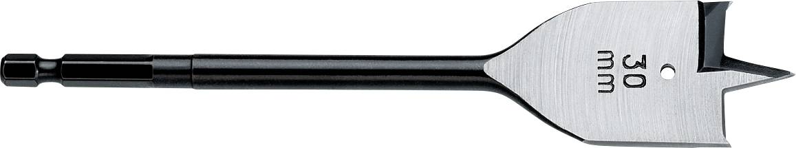 Platte houtboor met een maatmarkering van 30 mm en spitse snijkop voor het boren van gaten in hout.