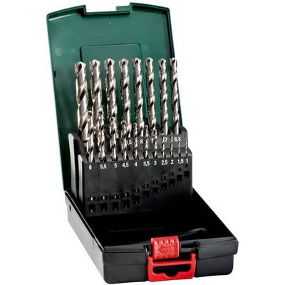 Open boorbitset in een zwart en rood plastic etui, met meerdere zilveren spiraalboren gelabeld naar grootte en een groen deksel dat erachter open staat.