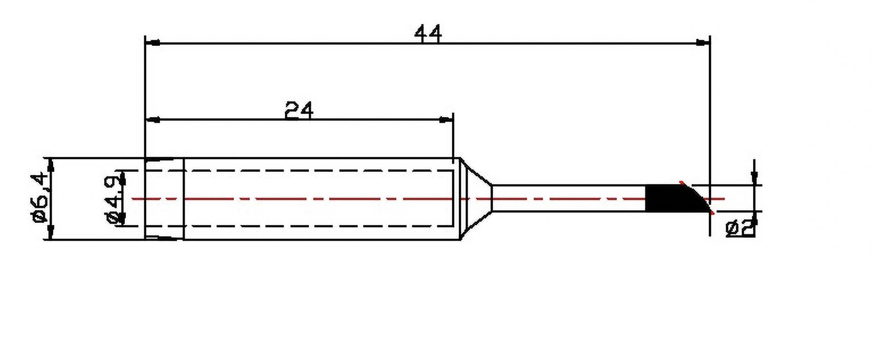 Technische tekening van een cilindrisch object met afmetingen: totale lengte 44 mm, diameter 6,4 mm en 2 mm aan de punt.