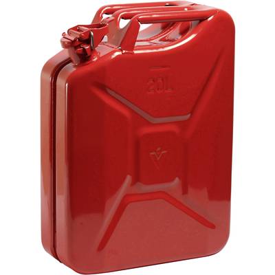 'Rode metalen jerrycan met 20 liter capaciteit, geschikt voor het veilig opslaan van brandstof.'