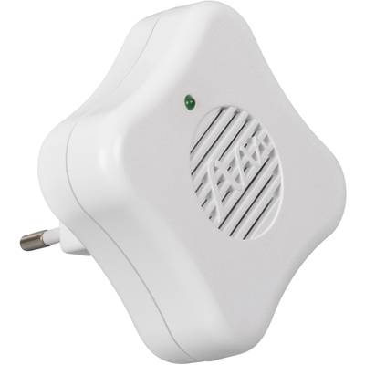 Een wit, stervorming elektronisch apparaat met een ventilatierooster en een kleine LED-indicatie is aangesloten op een stopcontact.