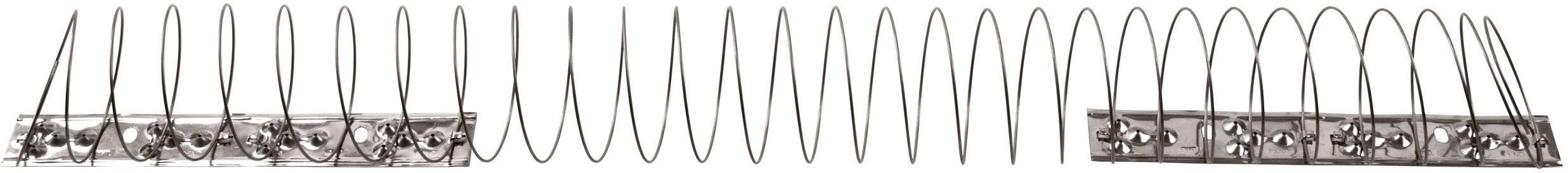 Een Slinky, omgeven door steunrails, strekt zich uit op een witte achtergrond.