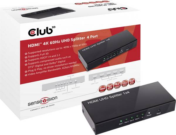 club3D CSV-1380 4 poorten HDMI-splitter  4096 x 2160 Pixel Zwart