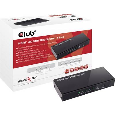 'Club 3D HDMI 4K 60Hz UHD Splitter' verpakking toont een zwarte splitter met vier HDMI-poorten, ondersteunt 4K, 3D en HDCP.
