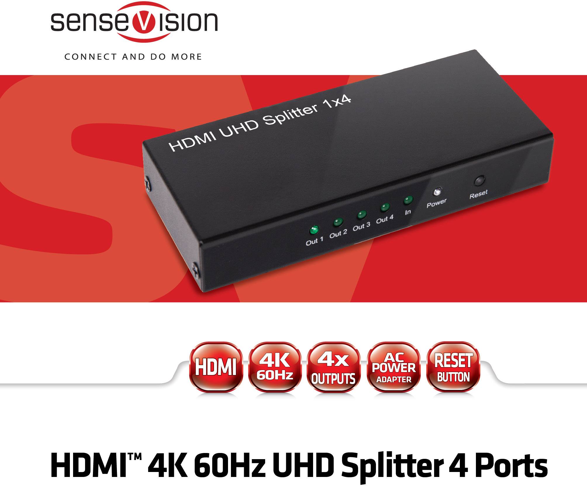 Een zwarte HDMI UHD Splitter met 1x4 poorten op rode achtergrond. Tekst: 'HDMI 4K 60Hz UHD Splitter 4 Poorten'.