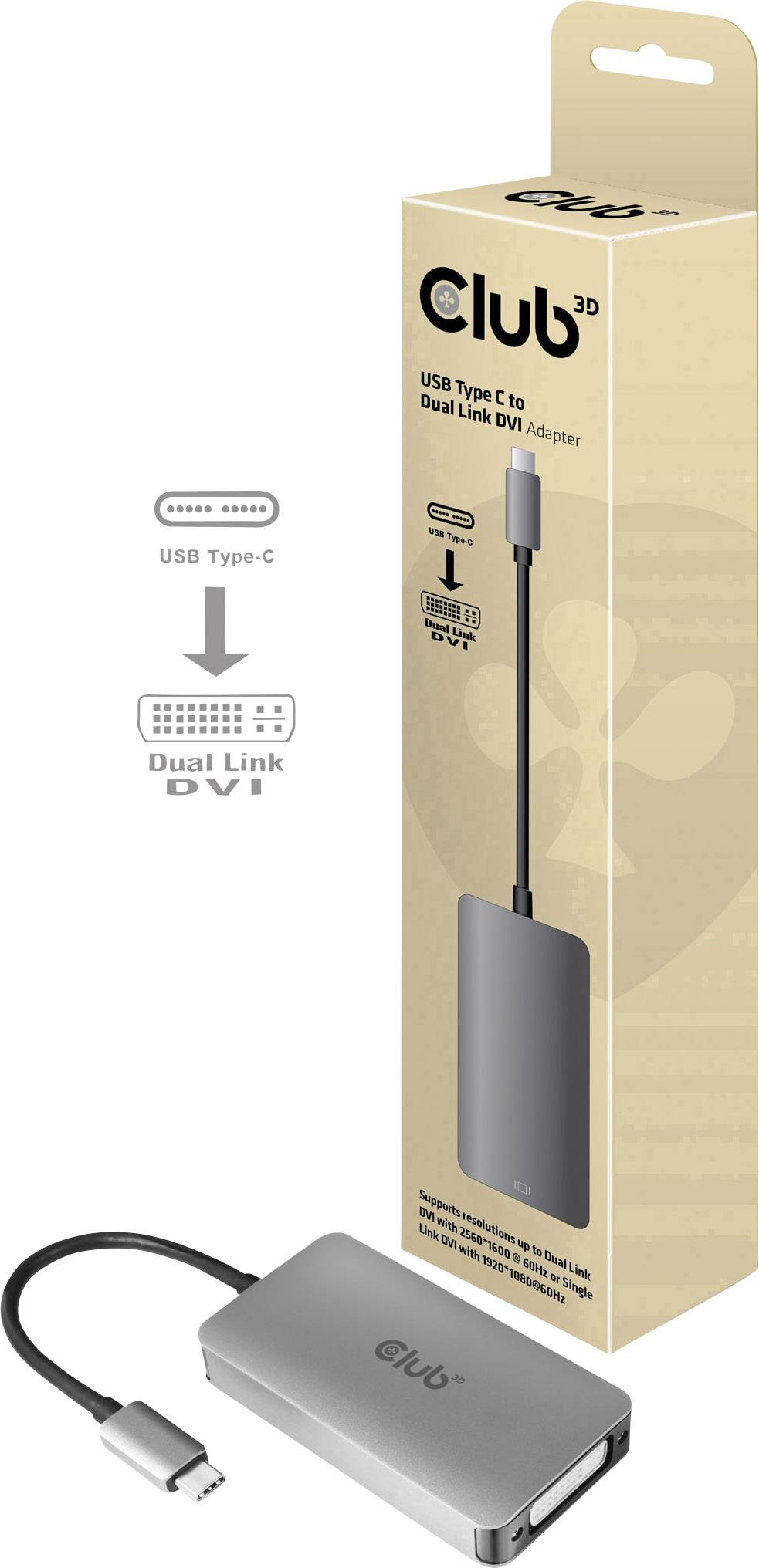 club3D CAC-1510 USB-C / DVI Adapter [1x USB-C stekker - 1x DVI-bus 24+5-polig] Aluminium 0 mm