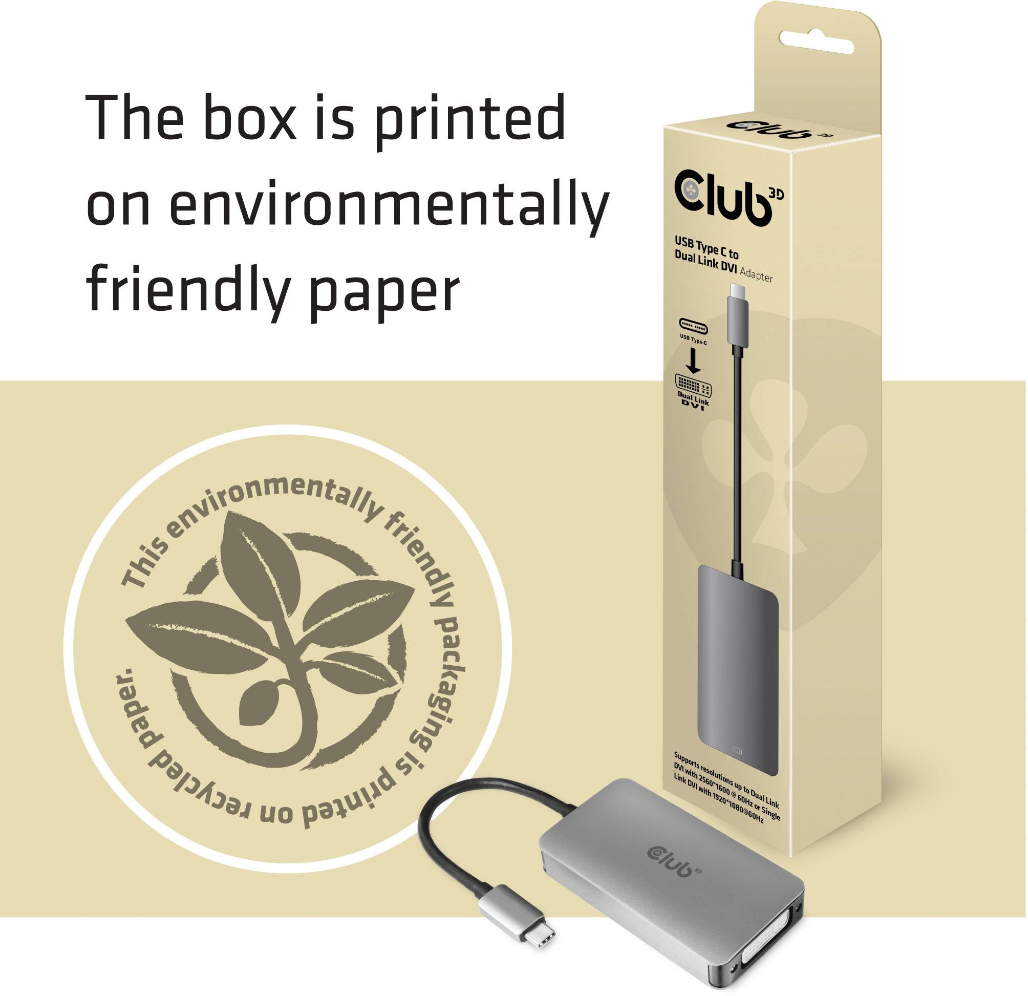 'Club 3D USB-C naar DisplayPort Adapter' in milieuvriendelijke verpakking van gerecycled papier met plantenmotief.