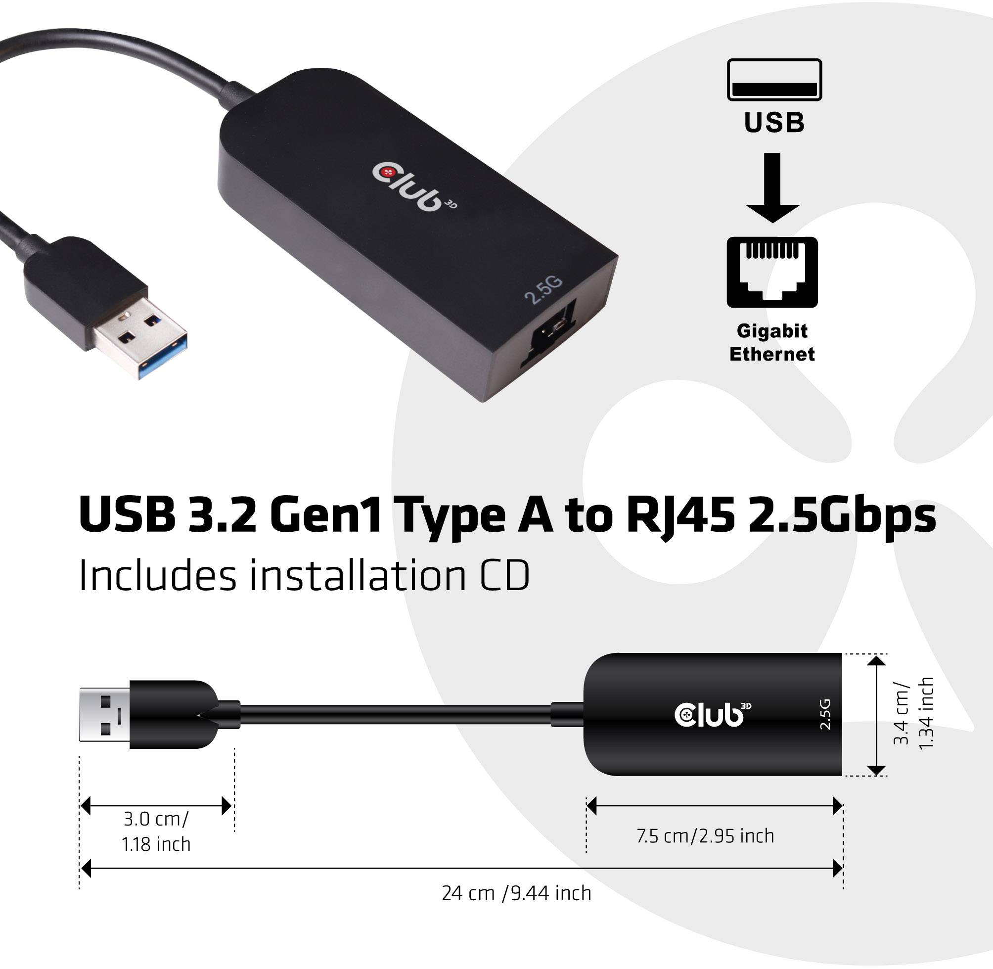 'USB 3.2 Gen1 Type A naar RJ45 2,5Gbps Adapter met installatie-cd. Afmetingen: 24 cm totaal, apparaat: 7,5 cm x 2,9 cm x 3,4 cm.'