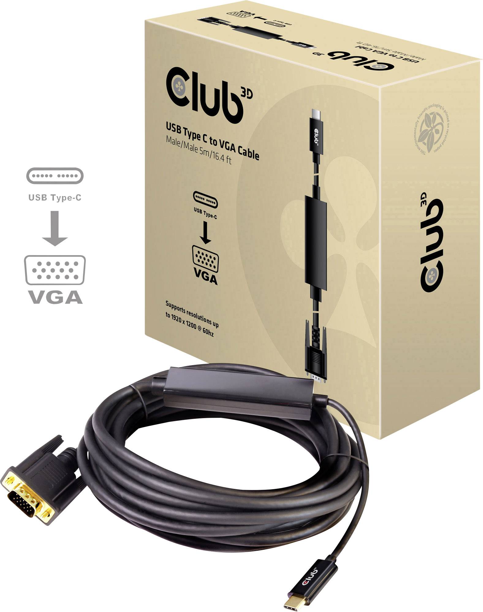 club3D CAC-1512 USB-C-displaykabel USB-C / VGA Adapterkabel USB-C stekker, VGA-stekker 15-polig 5.00 m Zwart Vlambestendig