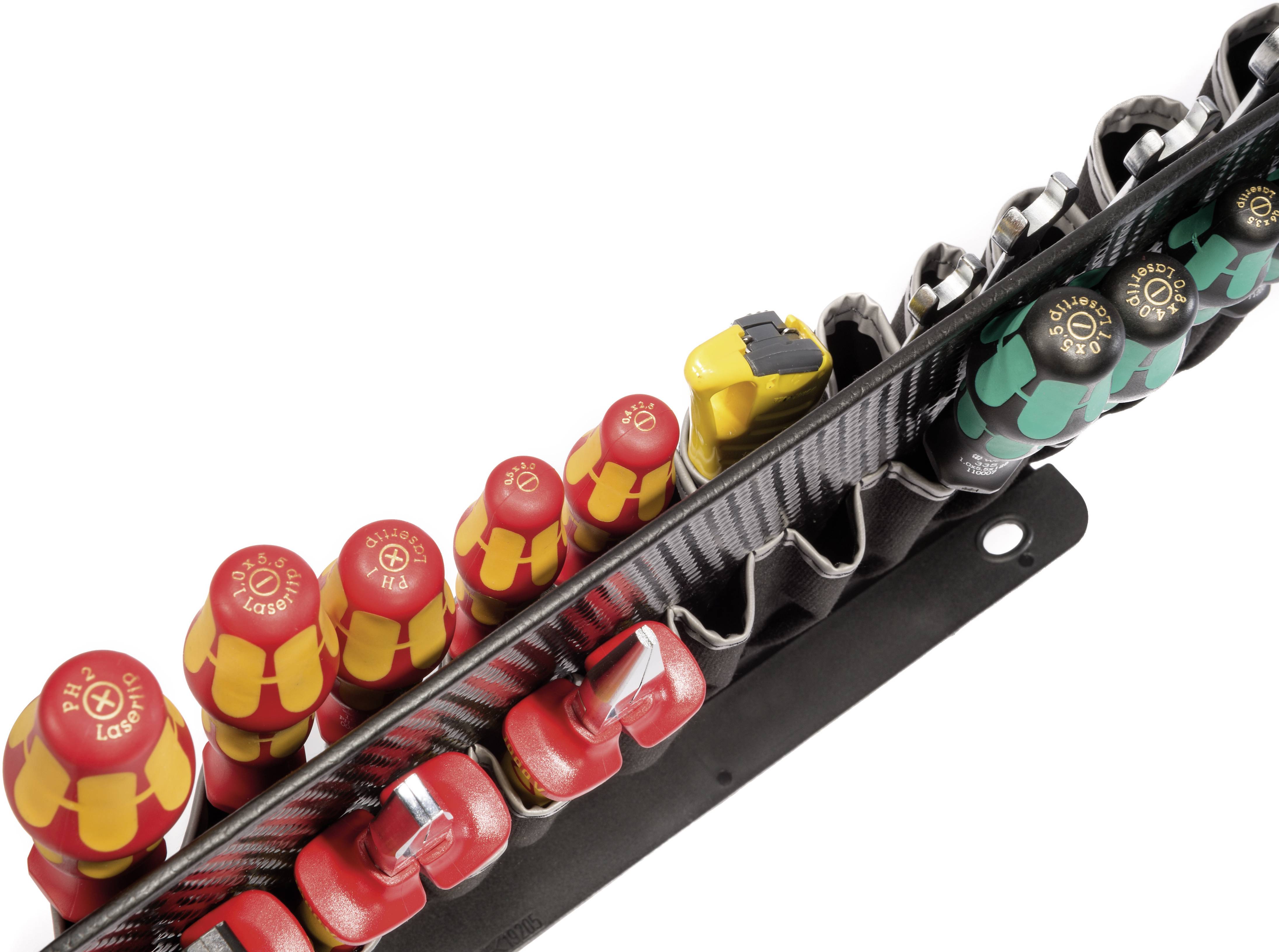 Een reeks geïsoleerde schroevendraaiers in verschillende formaten en kleuren, opgeborgen in een houder, die wijzen op veiligheid en organisatie.