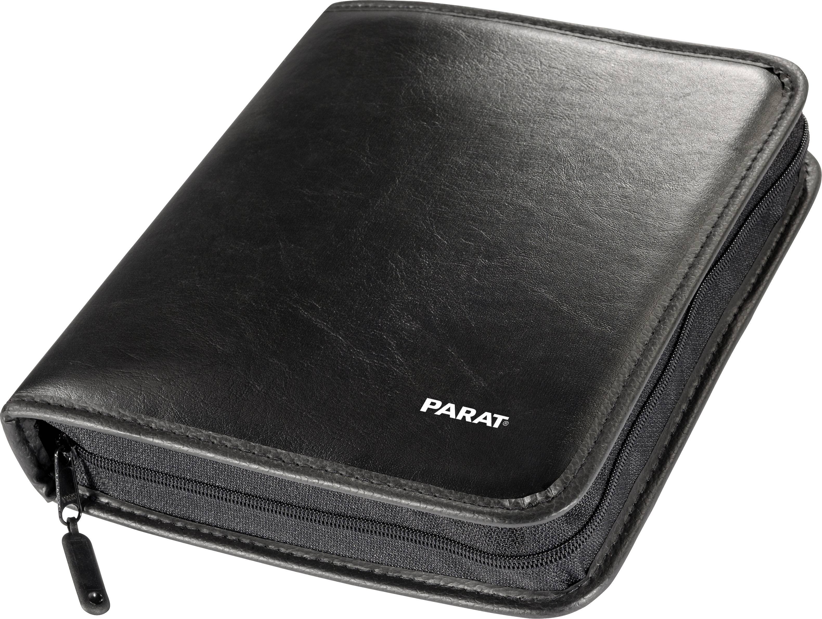 Zwart lederen etui met rits, waarop 'PARAT' staat.